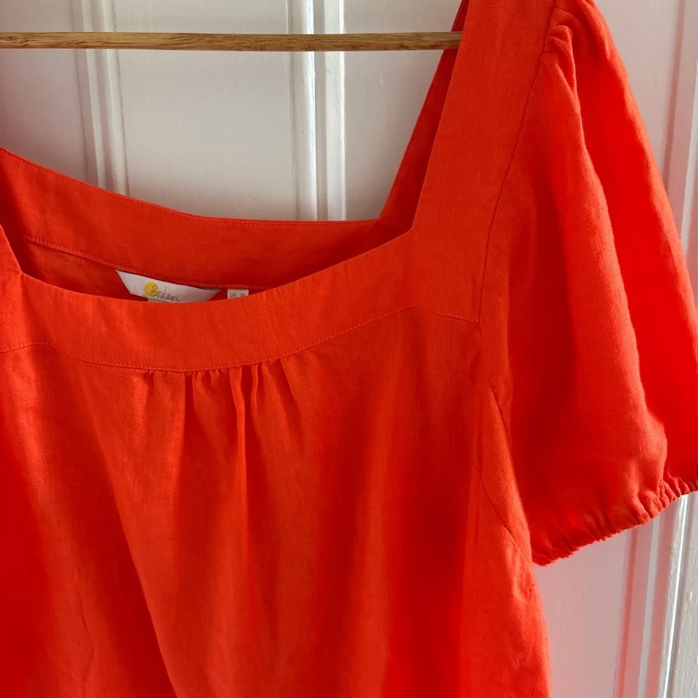 Boden Square Neck Puff Sleeve Linen Blouse in Orange/Red - Size 14